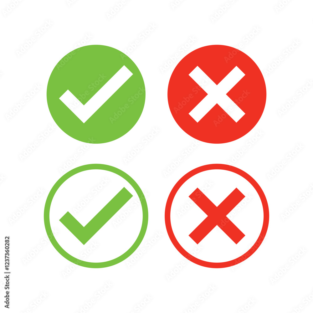 Tick and cross, Right and wrong, Yes or no, approved and rejected. Green tick and Red cross. Red X icon. Tick and cross, Right and wrong, Yes or no, approved and rejected. Green tick and Red cross. Red X icon.