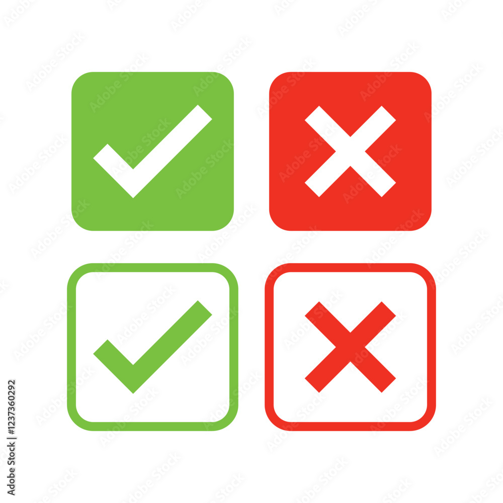 Check mark, Tick and X mark icon. Checkmark and x mark icon for apps and websites. Green and red check icon for UIUX app icons. Set check mark and cross. Vector illustration Check mark, Tick and X mark icon. Checkmark and x mark icon for apps and websites. Green and red check icon for UIUX app icons. Set check mark and cross. Vector illustration