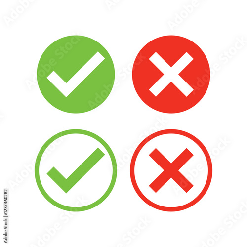 Tick and cross, Right and wrong, Yes or no, approved and rejected. Green tick and Red cross. Red X icon. 