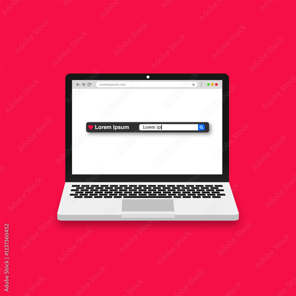 Vector design of open laptop computer with search bar and heart icon Vector design of open laptop computer with search bar and heart icon