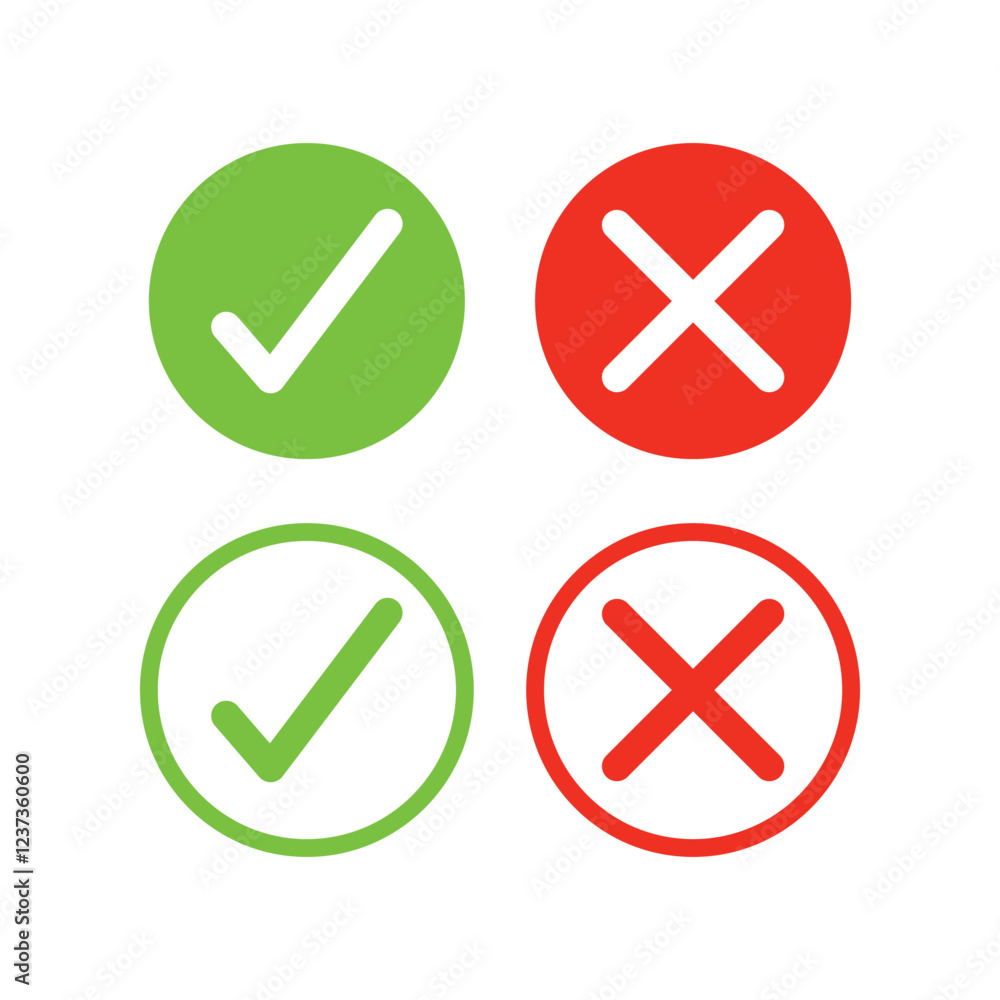 Check mark, Tick and X mark icon. Checkmark and x mark icon for apps and websites. Green and red check icon for UIUX app icons. Set check mark and cross. Vector illustration Check mark, Tick and X mark icon. Checkmark and x mark icon for apps and websites. Green and red check icon for UIUX app icons. Set check mark and cross. Vector illustration