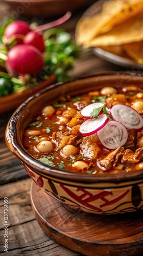 Savor the taste of authentic Mexican red pozole, beautifully presented with radish, lettuce, hominy, and tender pork. AI generated illustration