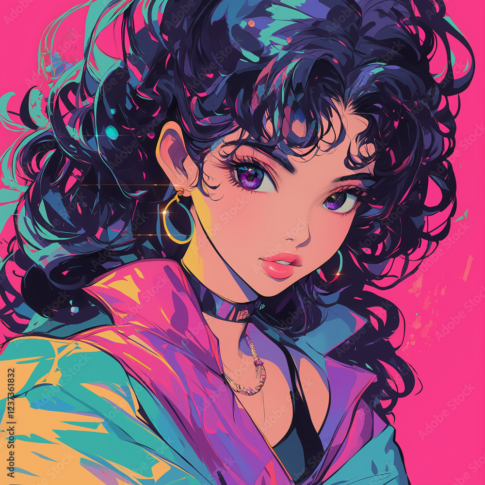 Naklejka premium 80sアニメ×シンセウェーブ｜レトロフューチャーなスタイルの女性キャラクター。日本のアニメをモチーフにした、アイコンにも使える素材。1 into 1 Ratio Size,square size 1:1