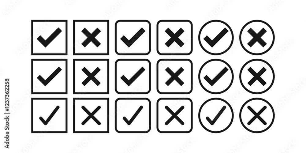 Doodle check marks in circle and square frame. Brush stroke tick and wrong cross brush marker. check mark icon. Tick and cross signs. Vector illustration. Doodle check marks in circle and square frame. Brush stroke tick and wrong cross brush marker. check mark icon. Tick and cross signs. Vector illustration.