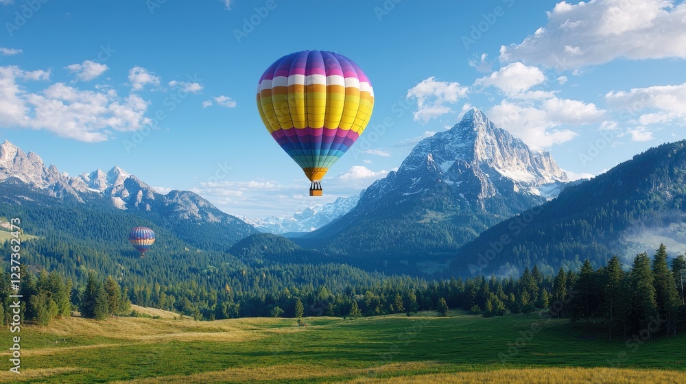 Hot air balloon soaring over majestic Alps