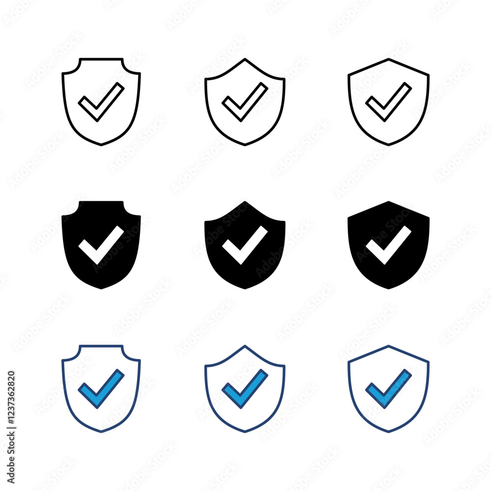 Shield check mark icon set. Protection approve sign. Safe icon vector Shield check mark icon set. Protection approve sign. Safe icon vector