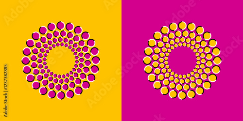 Vector design of optical illusion of concentric circles moving in a static image in yellow and tones.