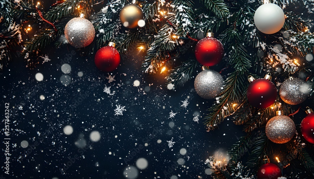 Festive Christmas Ornaments and Twinkling Lights on Snowy Branches Festive Christmas Ornaments and Twinkling Lights on Snowy Branches