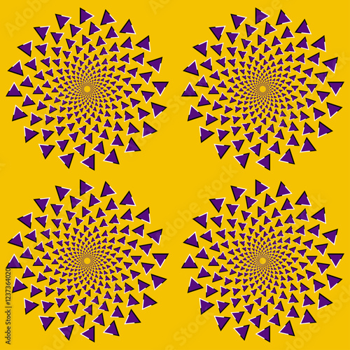 Vector design of optical illusion of four concentric triangles moving in a static image in yellow and tones.
