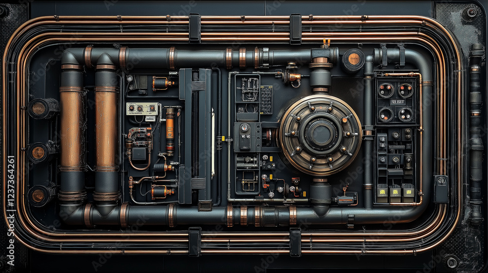 Obraz premium A top-down view of an industrial heat exchanger with pipes and valves, showcasing the complexity of the system, industrial design with a touch of minimalism