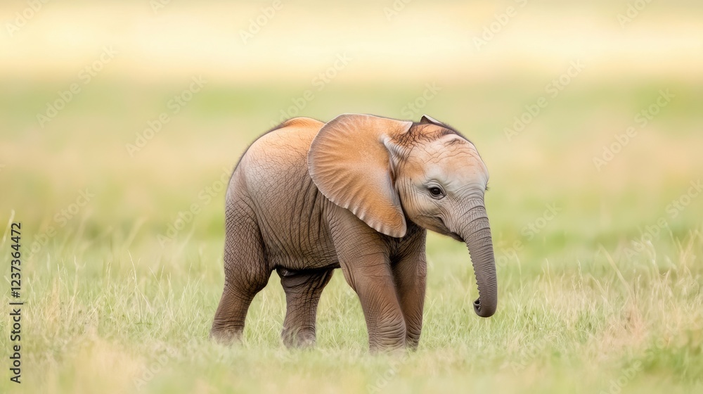 Fototapeta premium Baby elephant in African savanna grassland