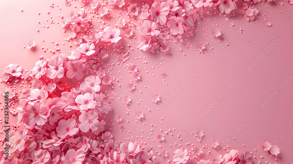 A beautiful arrangement of pink flowers and decorative beads on a soft pink background. A beautiful arrangement of pink flowers and decorative beads on a soft pink background.