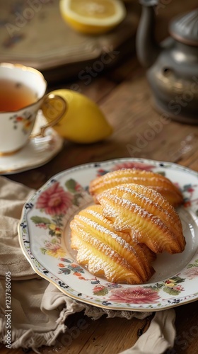 Perfect French madeleine cookies, buttery and delicate, served with cup of coffee. Light gray background. Top view. AI generated illustration