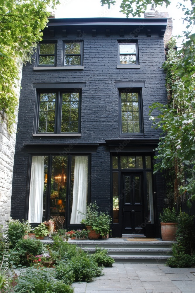 Black brick house with large windows and lush greenery in front, showcasing a serene urban garden designed for relaxation and enjoyment during the day Black brick house with large windows and lush greenery in front, showcasing a serene urban garden designed for relaxation and enjoyment during the day