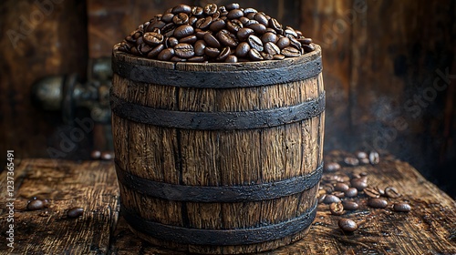 Wooden barrel full of coffee beans on rustic wooden table. photo