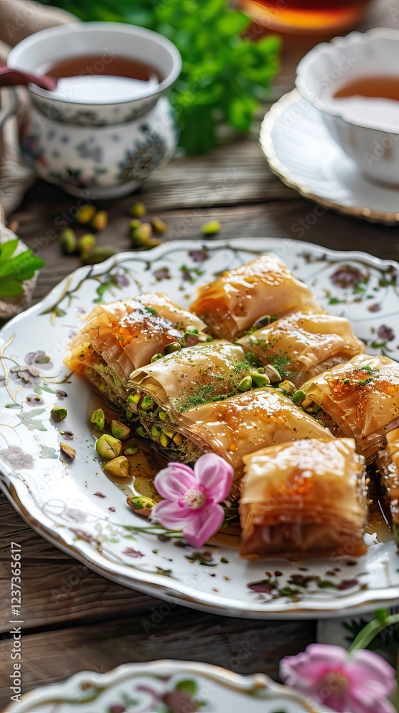 Traditional turkish dessert baklava with cashew, walnuts. Homemade baklava with nuts and honey. AI generated illustration Traditional turkish dessert baklava with cashew, walnuts. Homemade baklava with nuts and honey. AI generated illustration