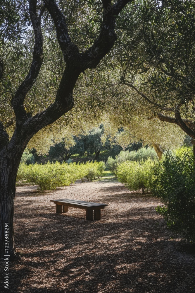 Serene olive grove featuring a wooden bench surrounded by lush greenery and dappled sunlight in a tranquil natural setting Serene olive grove featuring a wooden bench surrounded by lush greenery and dappled sunlight in a tranquil natural setting