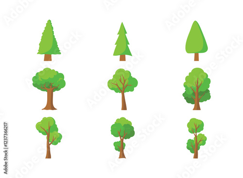 Set of tree and leaf collection hand drawn flat design vector element. botanical set of bare trees and ones with leaves and lush green