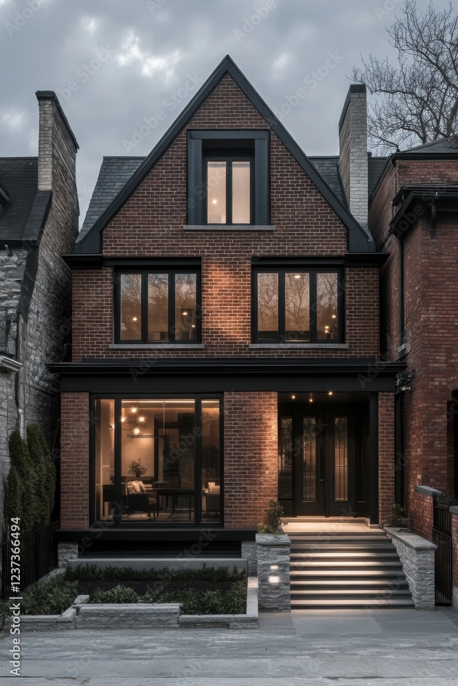 Modern brick house with large windows showcases elegant design and warm lighting in a cozy neighborhood during twilight hours Modern brick house with large windows showcases elegant design and warm lighting in a cozy neighborhood during twilight hours