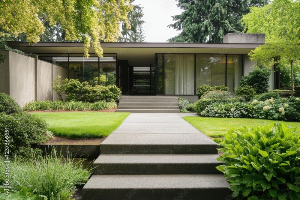Fototapeta premium Modern architecture harmonizes with lush greenery in a serene residential garden pathway during the day, showcasing elegant landscaping and a welcoming entrance