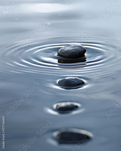 Tranquil beauty of nature captured: Pebble skipping across water's surface creating mesmerizing ripples