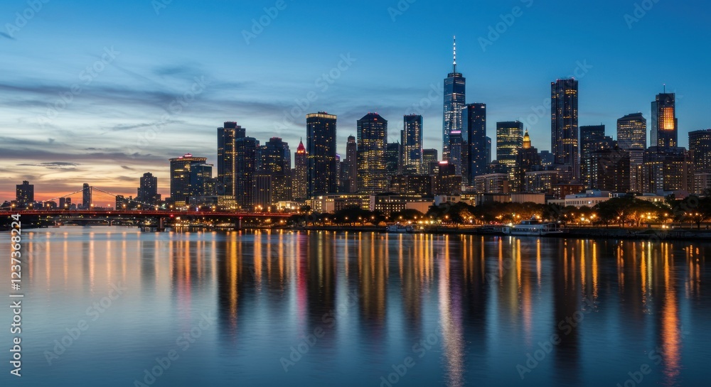 Stunning Twilight Panorama of the New York City Skyline Reflected in the Calm Waters Stunning Twilight Panorama of the New York City Skyline Reflected in the Calm Waters