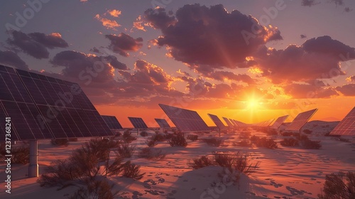 solar cell panel with sky and sunset. clean energy in nature concept. AI generated illustration
