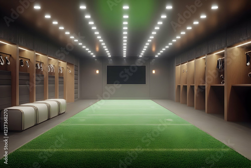 Modern team locker room with field, screen, and benches