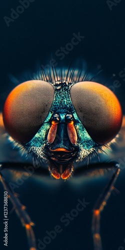 Detailed Close-Up with Iridescent Greens, Oranges, and Textured Eyes in Deep, Moody Lighting, Symmetrical Composition