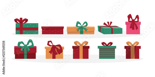 Gift boxes set. Holiday presents wrapped in festive paper wrapping, decorated with ribbon bows, strings and twines. Christmas giftboxes. Flat vector illustrations isolated on white background.