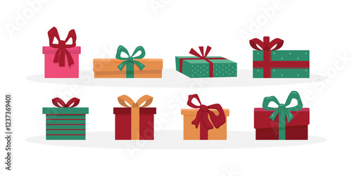 Gift boxes set. Holiday presents wrapped in festive paper wrapping, decorated with ribbon bows, strings and twines. Christmas giftboxes. Flat vector illustrations isolated on white background.