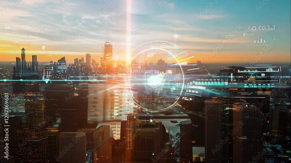 A futuristic city with glowing digital lines and skyscrapers illuminated by neon lights