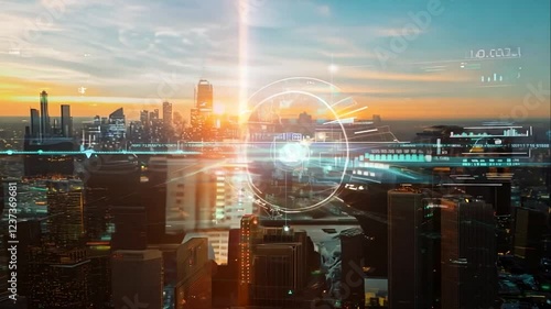 A futuristic city with glowing digital lines and skyscrapers illuminated by neon lights