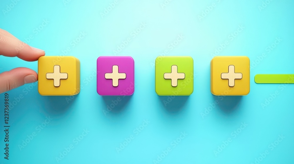 Colorful Blocks with Plus Signs on Blue Background Colorful Blocks with Plus Signs on Blue Background