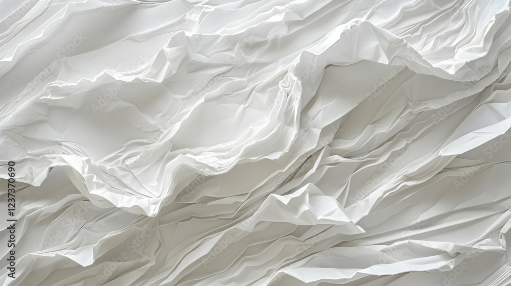 Obraz premium Crumpled white paper texture creating a dynamic, abstract background.
