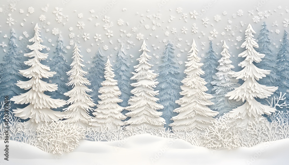 Naklejka premium White Papercut Winter Forest Scene With Falling Snow