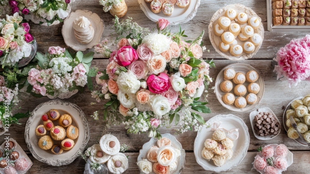 A shabby chic table centerpiece with cascading flowers, A shabby chic table centerpiece with cascading flowers,