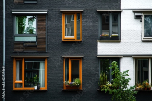 Modern apartment facade showcasing vibrant orange window frames amidst contrasting black and white exterior in a bustling urban neighborhood