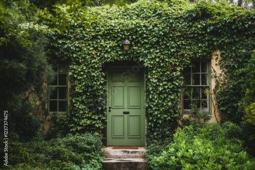 A charming green door enveloped by vibrant  lush ivy adorns a quaint building nestled within a peaceful garden  basking in the warmth of daylight