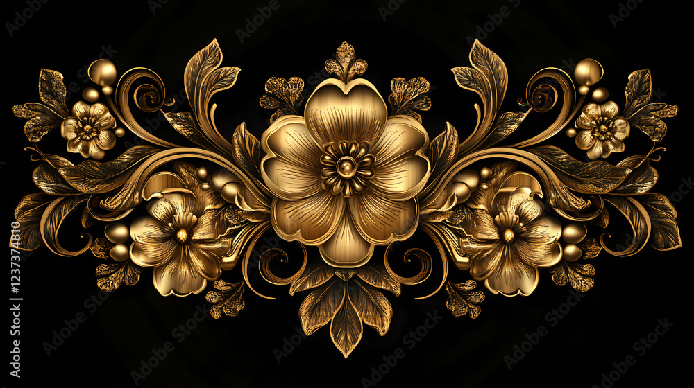Ornate golden floral design with intricate details on a black background. Ornate Embellishment. Illustration Ornate golden floral design with intricate details on a black background. Ornate Embellishment. Illustration