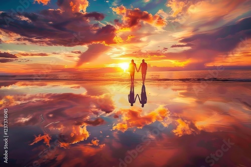 Couple walking hand in hand on a beach at sunset with a heart-shaped reflection in the water