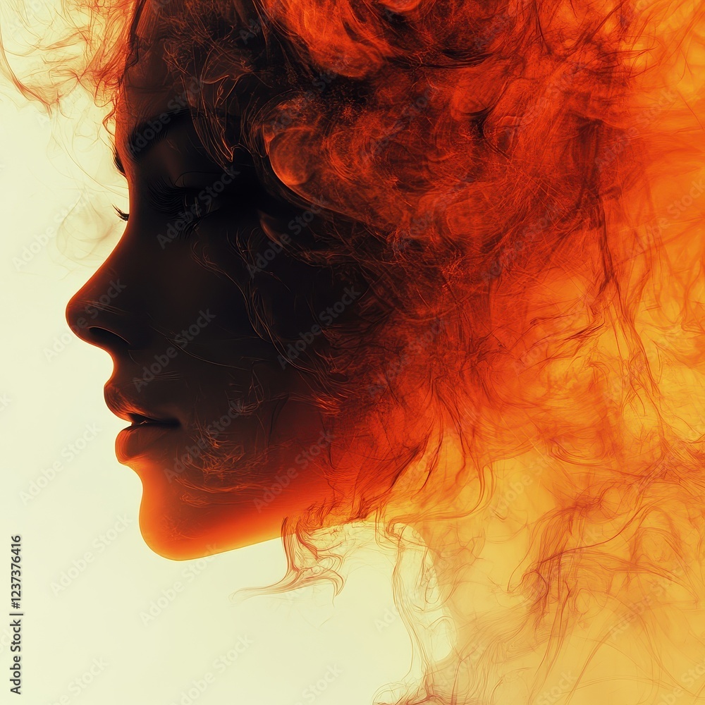 A silhouette of a woman's profile with vibrant, fiery hair, creating a striking contrast against a soft background. A silhouette of a woman's profile with vibrant, fiery hair, creating a striking contrast against a soft background.