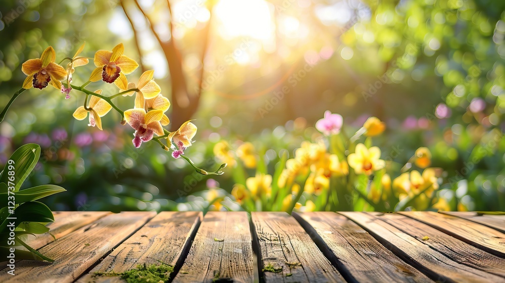 Charming Wooden Podium with Spring Background in Soft Afternoon Sun. AI generated illustration Charming Wooden Podium with Spring Background in Soft Afternoon Sun. AI generated illustration