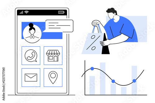 Mobile interface with profile picture, shopping bag, communication icons, map, and store icons. Ideal for shopping apps, customer engagement, retail, e-commerce analytics user interface design