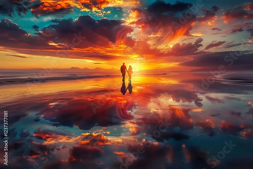 Couple walking hand in hand on a beach at sunset with a heart-shaped reflection in the water