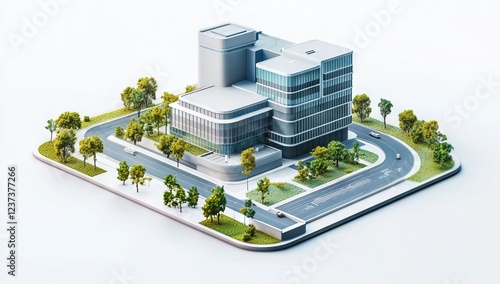 Isometric Model of a Modern Hospital Building on a City Map. AI generated illustration