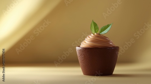 A beautifully crafted dessert in a brown cup, topped with creamy frosting and fresh green leaves, set against a soft yellow backdrop.