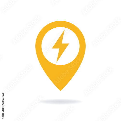 Vector design of a geolocation pin with a lightning bolt symbol inside.