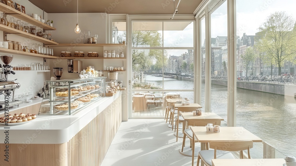 Fototapeta premium Modern Coffee Shop with River View, White Furniture, and Pastel Colors - AI generated illustration