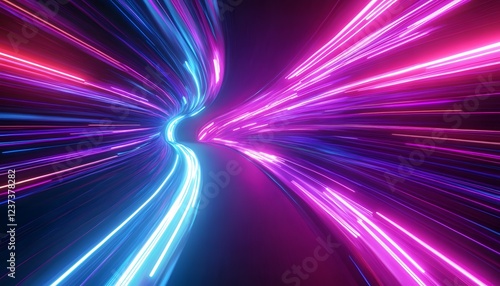 Abstract Neon Light Trails In A Curving Tunnel